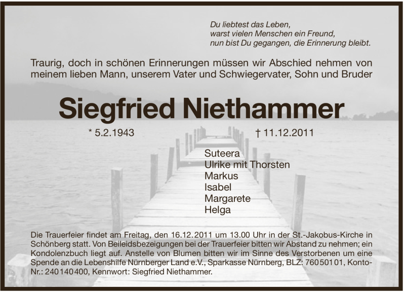  Traueranzeige für Siegfried Niethammer vom 14.12.2011 aus Pegnitz-Zeitung